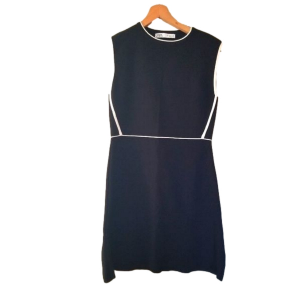 Zara Midi Shift Mod Sleeveless Little Black Dress White Piping Size Large